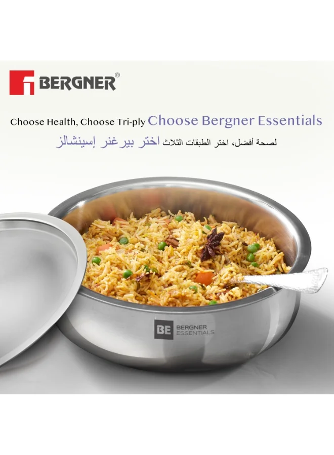 بيرجنر Bergner Essentials 32cm (8.4L) Tri-Ply Stainless Steel Cookware Pot , Deep Handi with Lid for Biryani Rice Curries Pulao Stews, Less Oil Use Healthy Cooking, Even Heating Gas & Induction Compatible